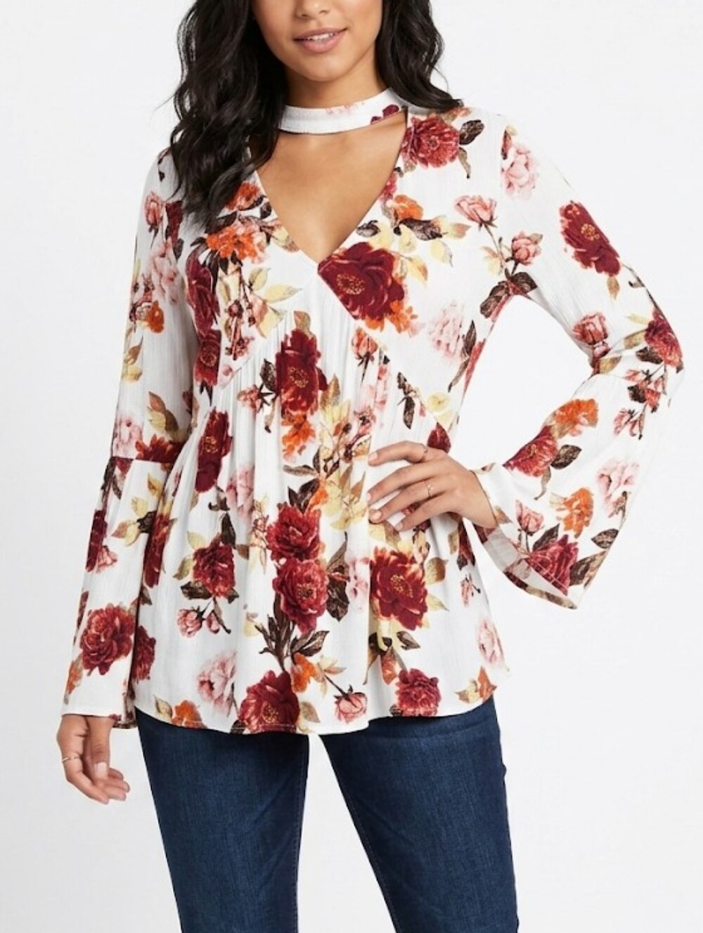 a.n.a White Blouse with Red and Orange Floral Accents